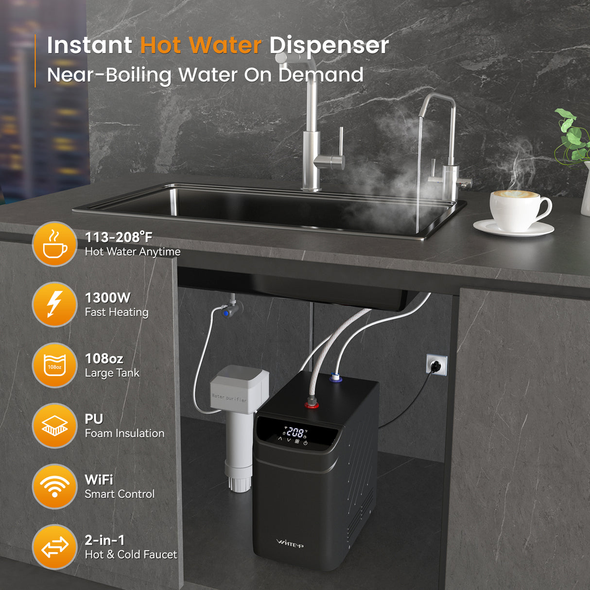 WINTEMP 2-in-1 Instant Hot Water Dispenser – 208°F Instant Hot Water with Child Lock & Dual Faucet Options