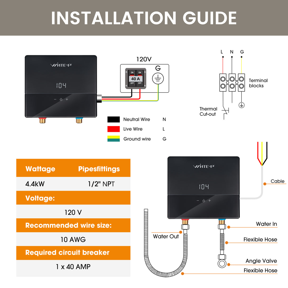 KJU135 Black 120V / 3.5KW  Point-of-Use Electric Tankless Water Heater