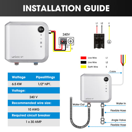 KFU65 White---240V / 6.50 kW Point-of-Use Electric Tankless Water Heater